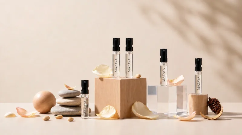 Mazaya sample vials on a wooden block